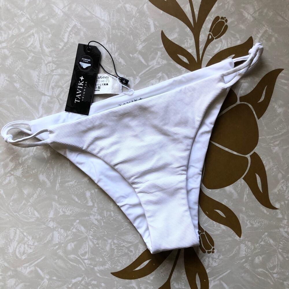 Tavik Revolve White Asher Ribbed Side Knot Moderate Coverage Swim Bikini Bottom